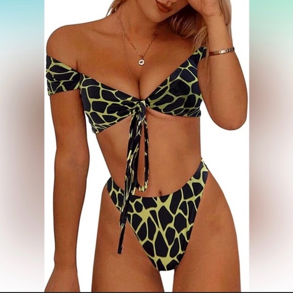 Other - Chic Black and neon yellow animal print Bikini Set